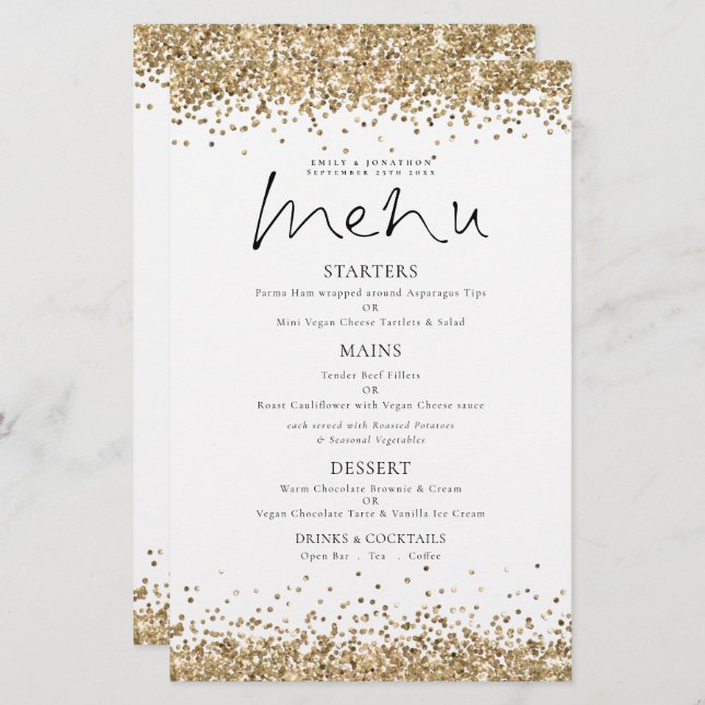 Budget Gold Glitzer Script Wedding Menu (Vorne/Hinten)