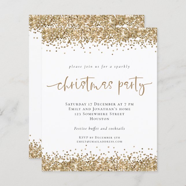 Budget Gold Glitzer Script Weihnachts-Party Einlad (Vorne/Hinten)