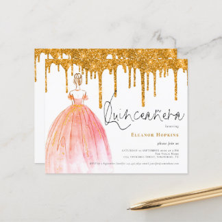 Budget Gold Glitzer Tropfen Quinceanera Einladung