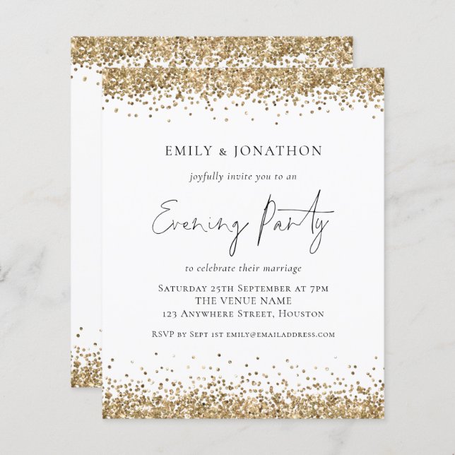 BUDGET Gold Glitzer Wedding Abend Einladung (Vorne/Hinten)