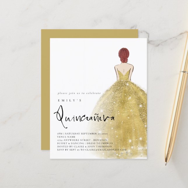 Budget Gold Gown Girl Auburn Hair QR Quinceañera (Vorderseite/Rückseite Beispiel)