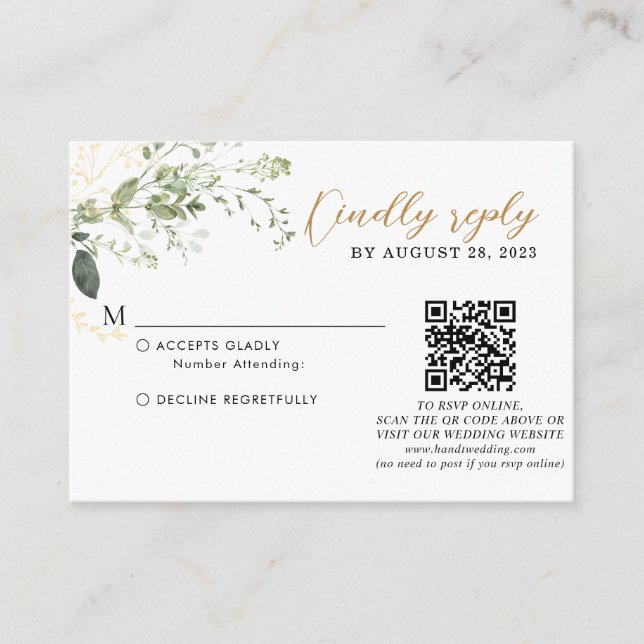Budget Gold Grünzeug Eukalyptus QR Code Hochzeit  Begleitkarte (Vorderseite)