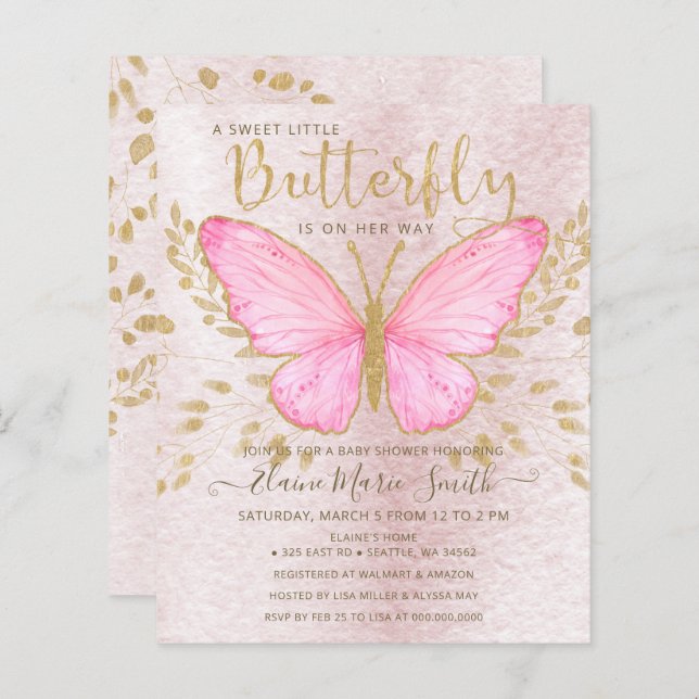 Budget Gold Pink Butterfly Baby Dusche Einladung (Vorne/Hinten)