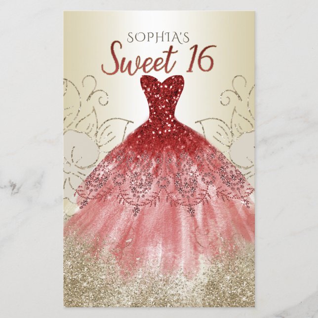 Budget Gold Red Dress Sweet 16 Einladung (Vorderseite)