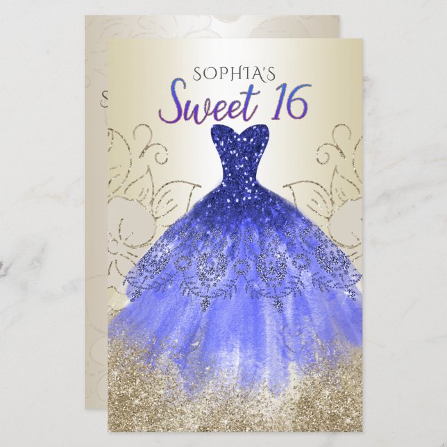 Budget Gold Royal Blue Dress Sweet 16 Einladung (Vorne/Hinten)