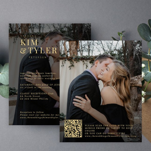 Budget gold schwarz 2 Fotos QR Hochzeit Einladung (Von Creator hochgeladen)