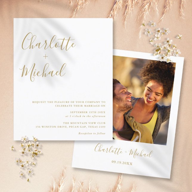 Budget Gold Script Foto Einladung Hochzeitsfeiern (Budget Gold Script Photo Wedding Invitation)