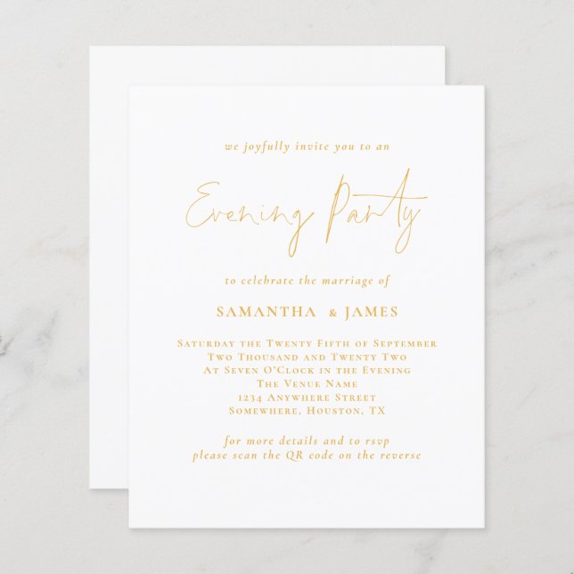Budget Gold Script QR Abend Party Hochzeit Einladu (Vorne/Hinten)