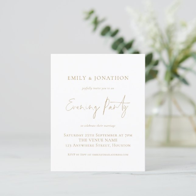 Budget Gold Script Wedding Abend Party Einladung (Stehend Vorderseite)