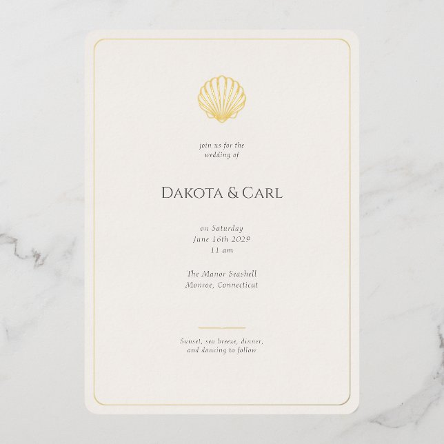Budget Gold Seashell All-in-One Wedding invitation Folieneinladung (Vorderseite)