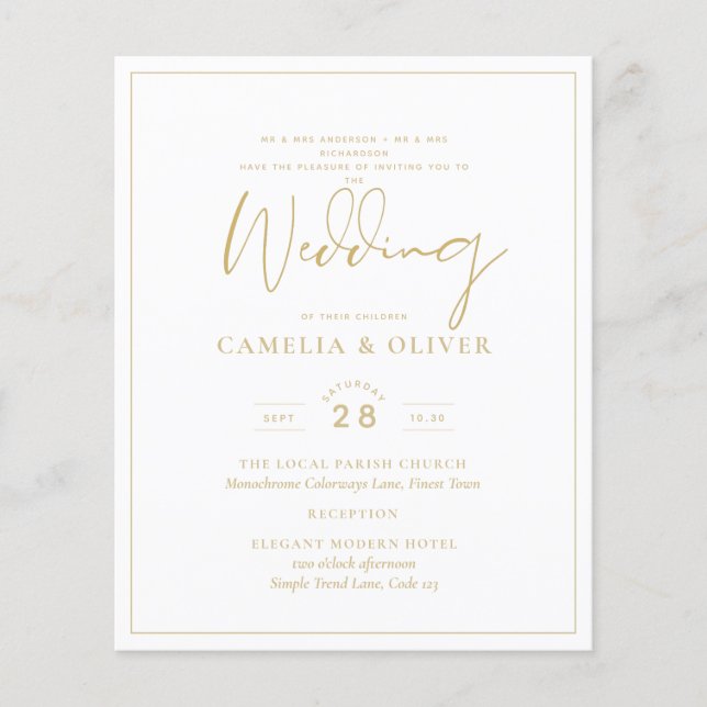 Budget Gold White Elegante Hochzeitseinladung Flyer (Vorne)