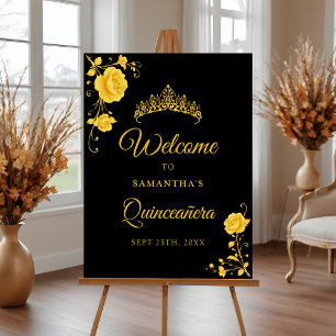 Budget Golden Floral Quinceañera Begrüßungszeichen Poster