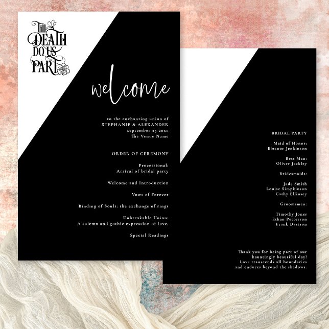 Budget Goth bis Death Do us Part Wedding Programm (Front and back view)