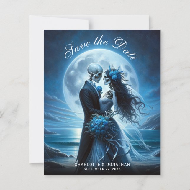 Budget Gothic Blue Skeletons Wedding Save the Date (Vorderseite)