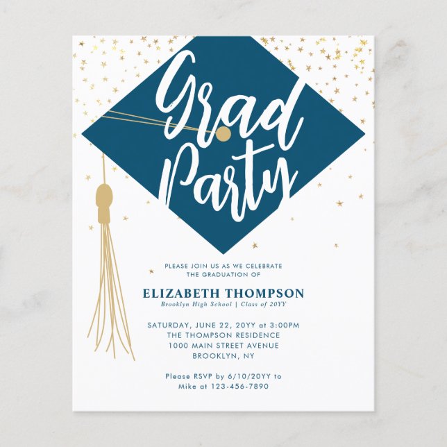 Budget GRAD Cap Blue Gold Graduation Party Einladu (Vorderseite)