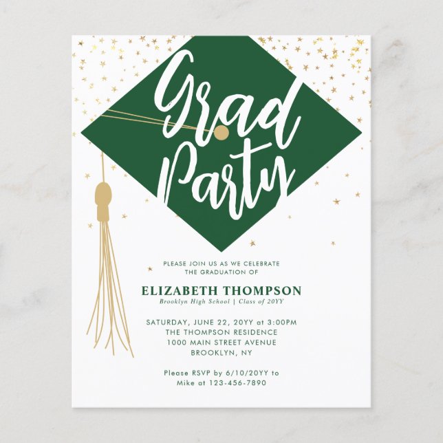 Budget GRAD Cap Green Gold Graduation Party Einlad (Vorderseite)