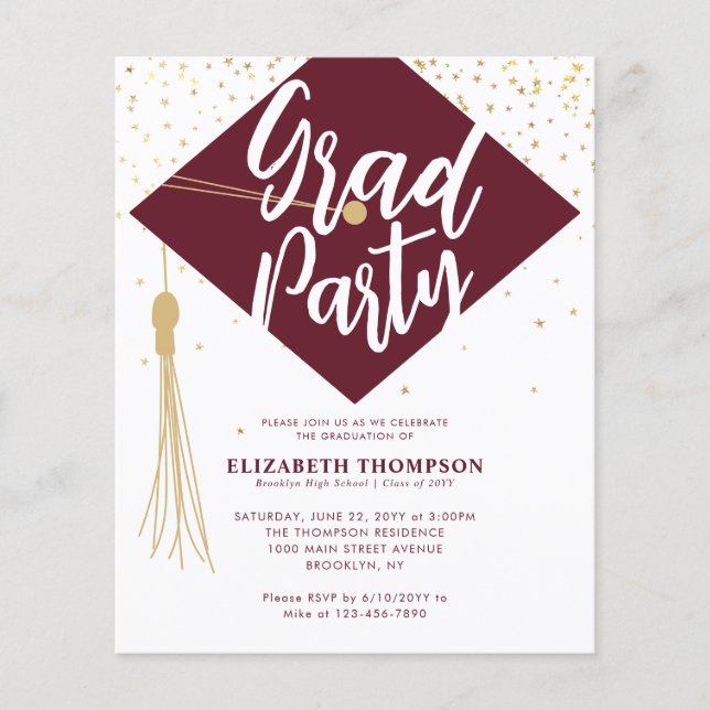 Budget GRAD Cap Red Gold Graduation Party Einladun (Vorderseite)