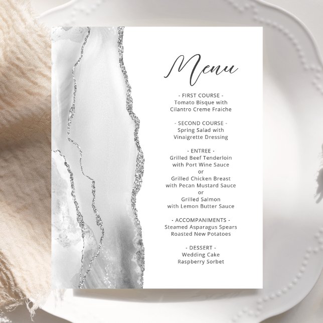 Budget Gray Silver Agate Script Wedding Menu (Von Creator hochgeladen)