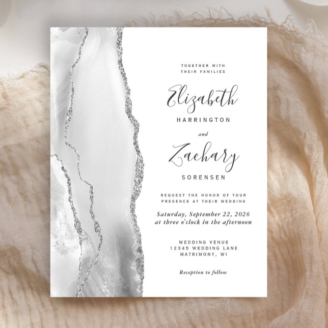 Budget Gray White Silver Agate Einladung Hochzeit (Von Creator hochgeladen)