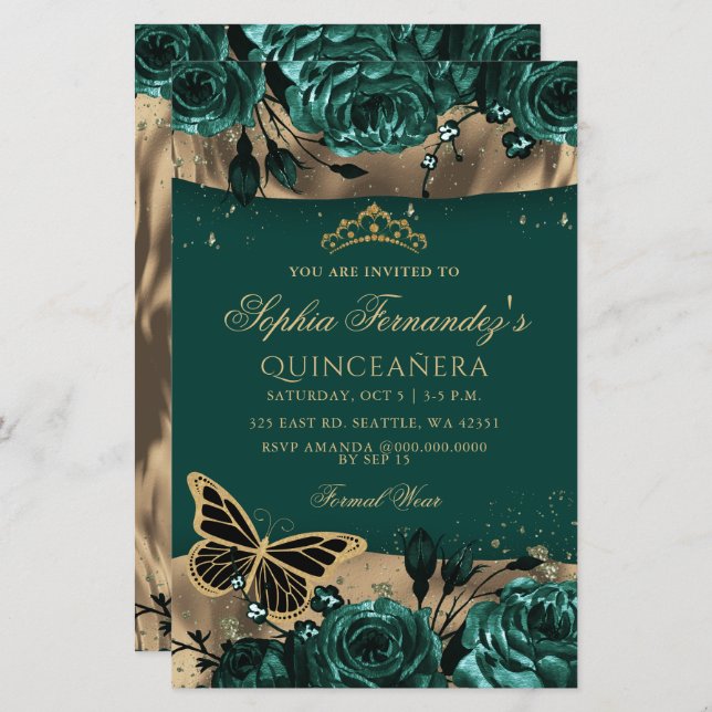 Budget Green Butterfly Quinceañera Einladung (Vorne/Hinten)