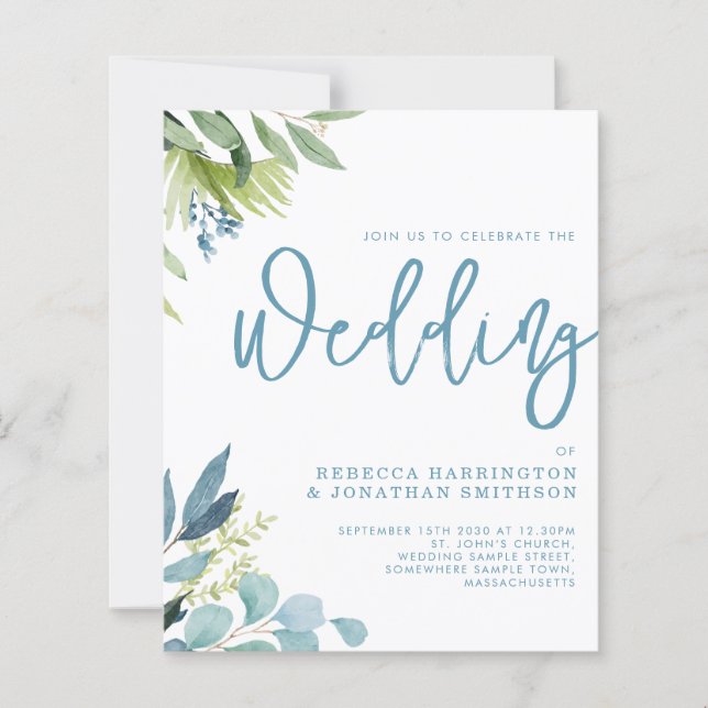 Budget Green Foliage Blue Wedding Einladung (Vorderseite)