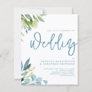 Budget Green Foliage Blue Wedding Einladung