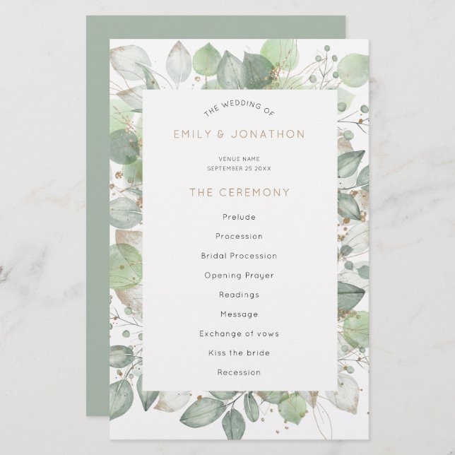 Budget Green Foliage Elegante Wedding Program (Vorne/Hinten)