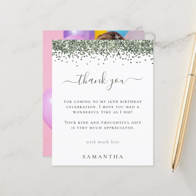 Budget Green Glitzer Foto Sweet 16 Danke (Vorderseite/Rückseite Beispiel)