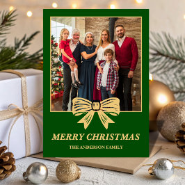 Budget Green & Gold Bow Family Christmas Photo Feiertagskarte