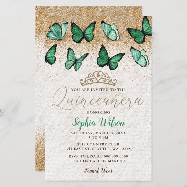 Budget Green Gold Butterfly Quinceañera Einladung (Vorne/Hinten)