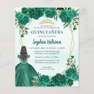 Budget Green Gold Floral Princess Quinceañera