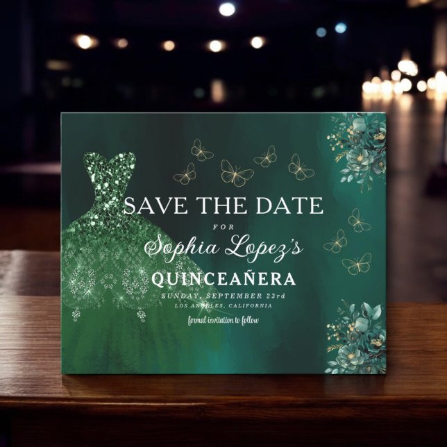 Budget Green Gold Quinceanera Save the Date Flyer (Von Creator hochgeladen)