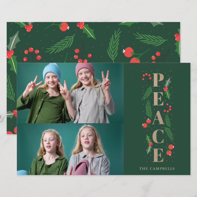 Budget Green Holry Berry Peace Foto Holiday Card (Vorne/Hinten)