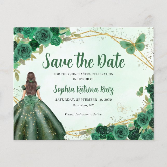Budget Green Princess Quinceañera Save the Date (Vorderseite)