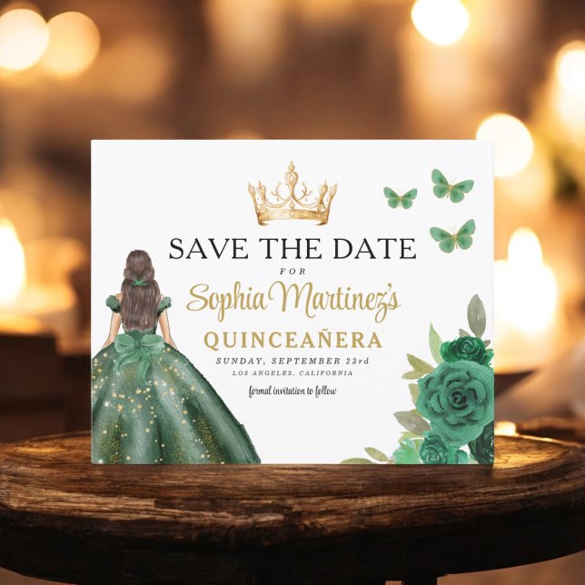 Budget Green Princess Quinceañera Save the Date Flyer (Von Creator hochgeladen)