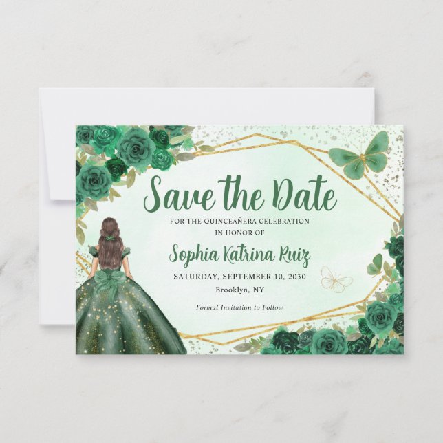 Budget Green Princess Quinceañera Save the Date Mitteilungskarte (Vorderseite)