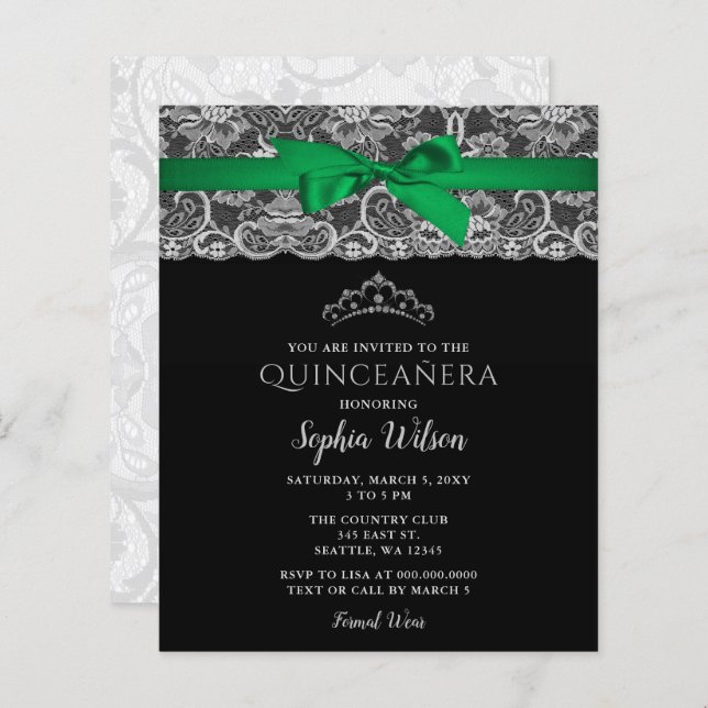 Budget Green Ribbon Lace Quinceañera Einladung (Vorne/Hinten)
