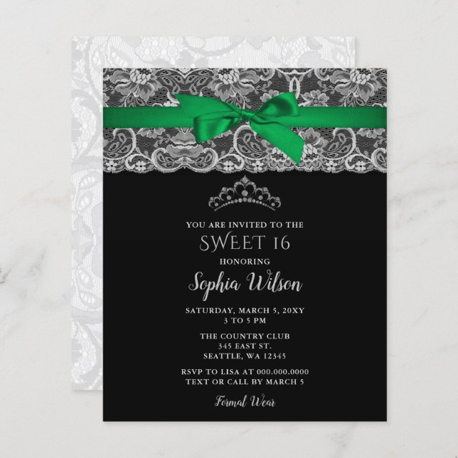 Budget Green Ribbon Lace Sweet 16 Einladung (Vorne/Hinten)