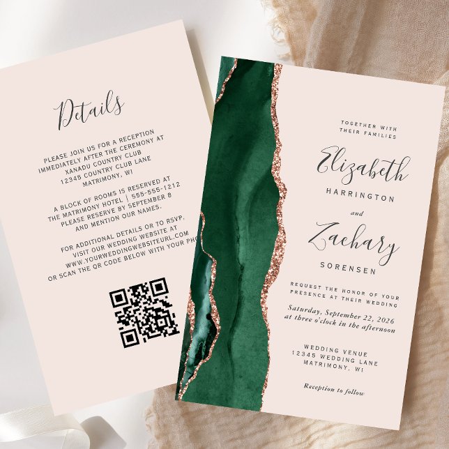 Budget Green Rose Gold Agate Blush QR Code Wedding (Von Creator hochgeladen)