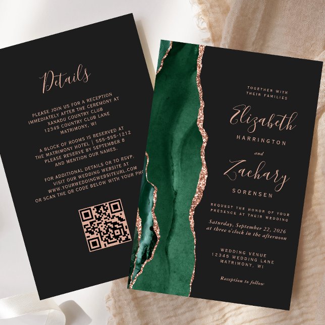 Budget Green Rose Gold Agate Dark QR Code Wedding (Von Creator hochgeladen)