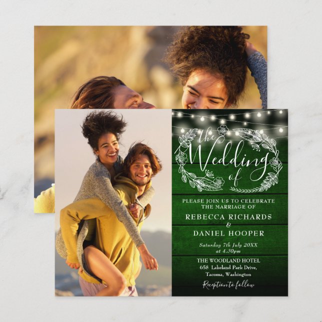 Budget Green Rustic Lights 2 Foto Hochzeit Einladu (Vorne/Hinten)