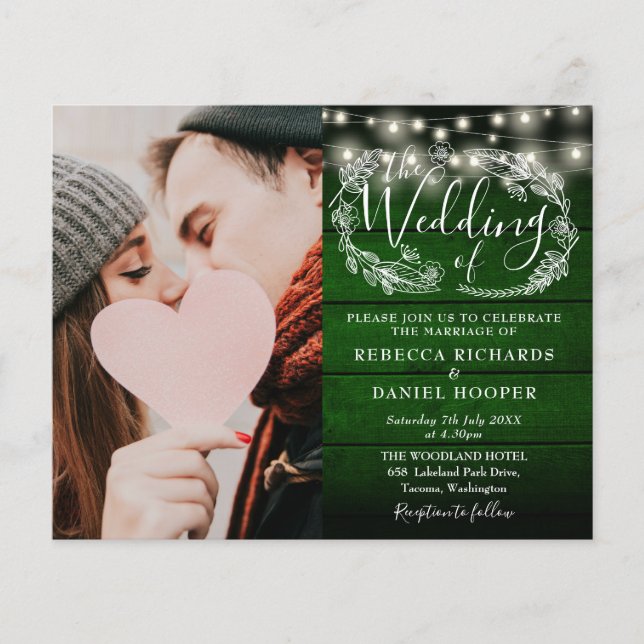 Budget Green Rustic String Foto Hochzeit Einladung (Vorderseite)