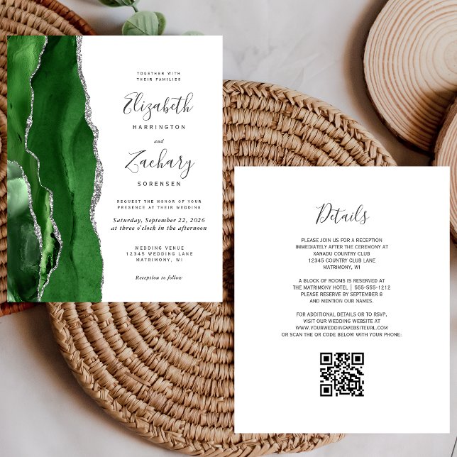 Budget Green Silver Agate QR Code Hochzeit Einladu (Von Creator hochgeladen)