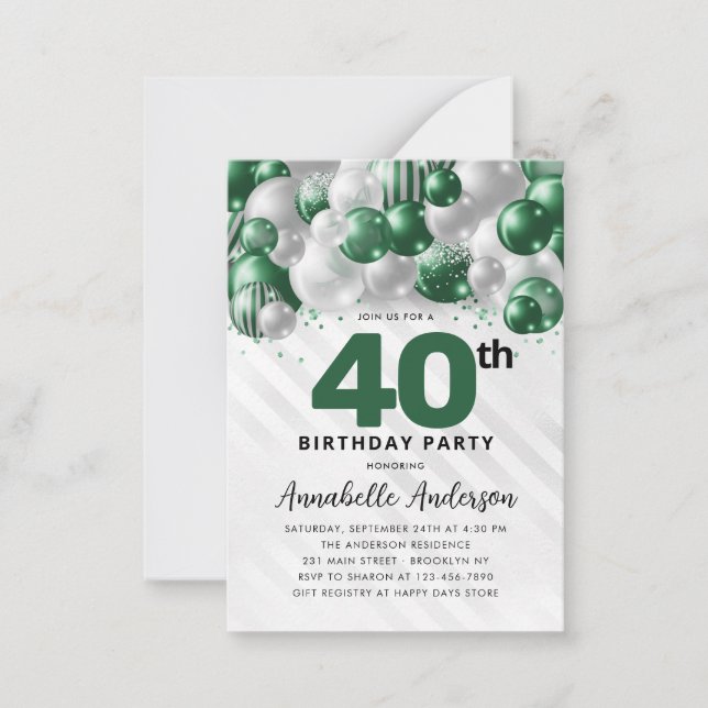 Budget Green Silver Ballon Glitzer 40. Geburtstag Mitteilungskarte (Vorderseite)