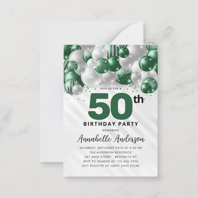 Budget Green Silver Ballon Glitzer 50. Geburtstag Mitteilungskarte (Vorderseite)