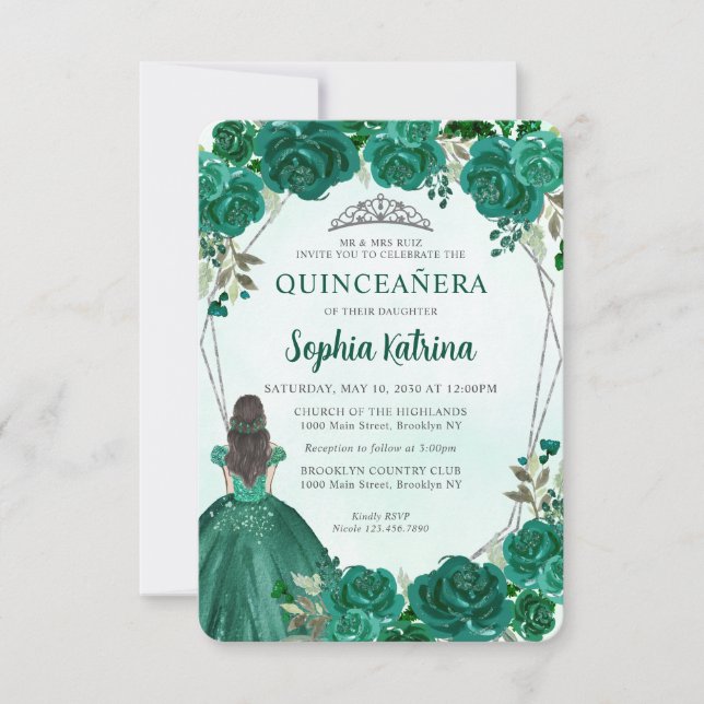 Budget Green Silver Blumenprinzessin Quinceañera Mitteilungskarte (Vorderseite)