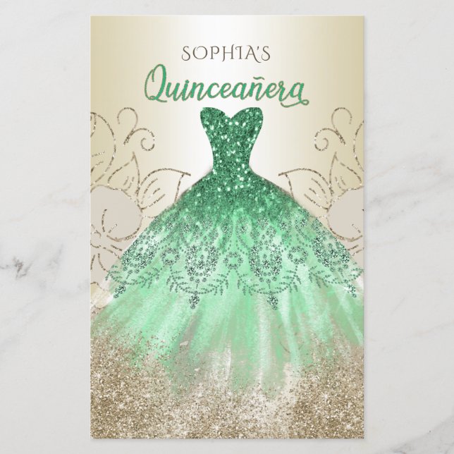 Budget Green Sparkle Dress Quinceañera Einladung (Vorderseite)