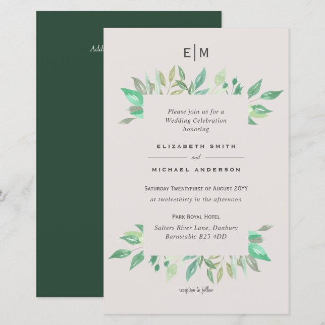 BUDGET Greenery Blush Blätter Wedding Einladungen  (Vorne/Hinten)