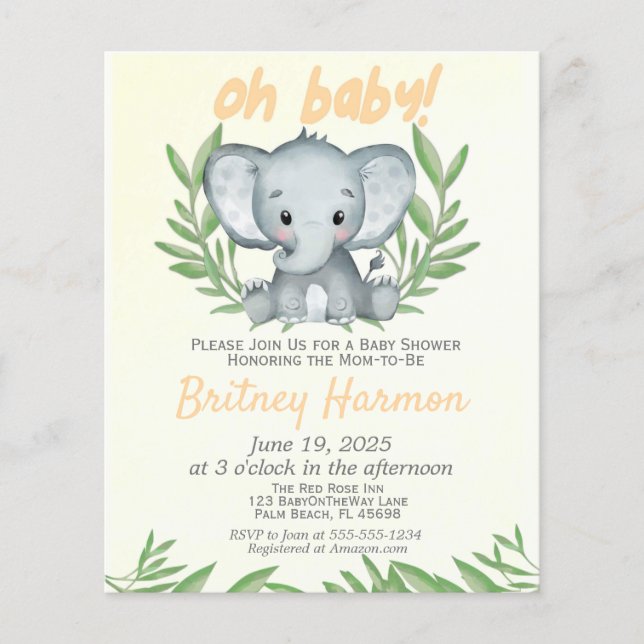 Budget Greenery Elephant Neutral Baby Dusche (Vorderseite)