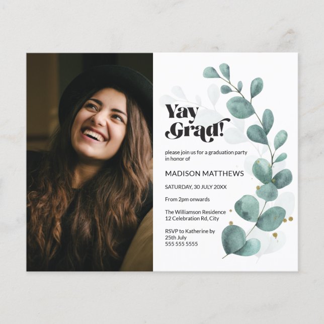 Budget Greenery Eucalyptus Foto Grad Party Einladu (Vorderseite)